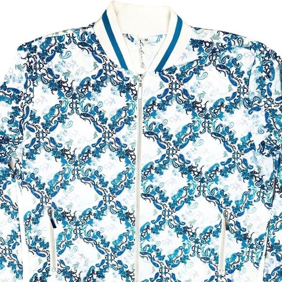 NEW Lulu-B UPF 50 Blue White Geometric Parsley Print Smooth Full Zip Jacket - Picture 4 of 13
